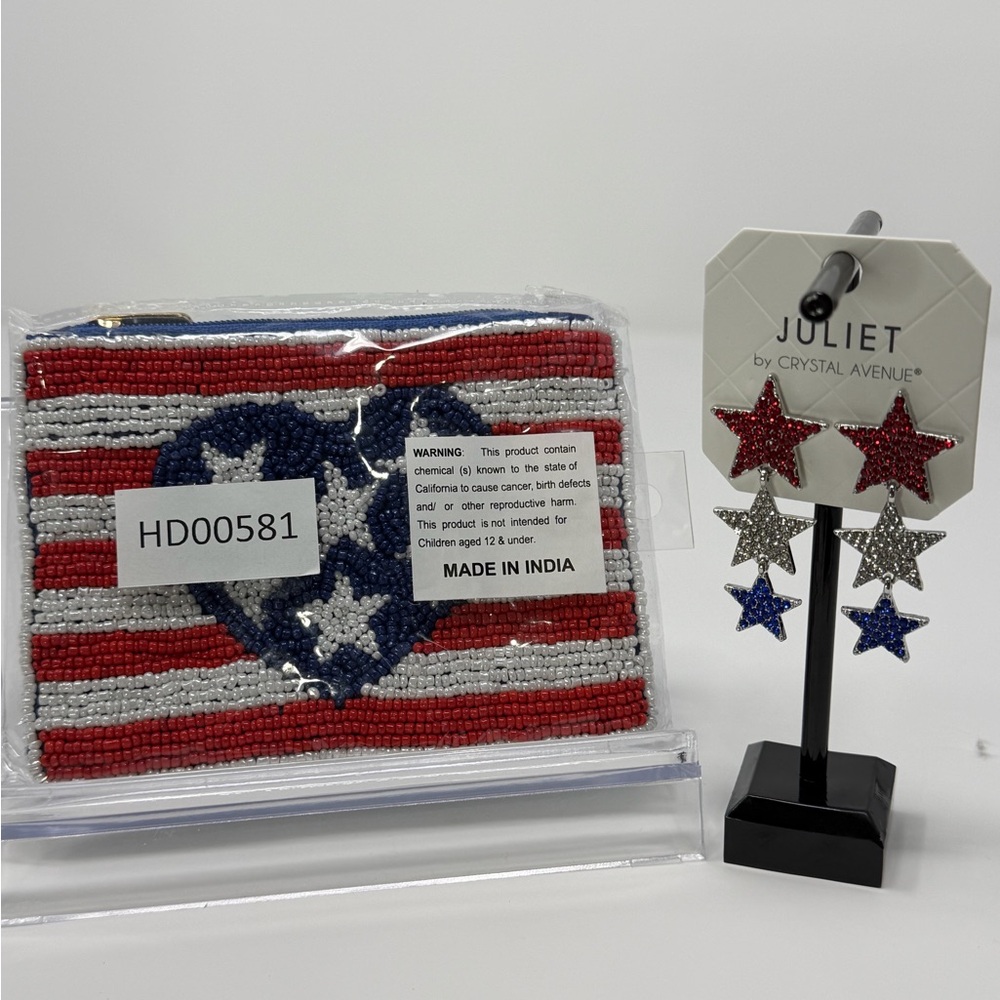 Flag and Stars Bundle: Beaded Pouch and Star Earrings Set